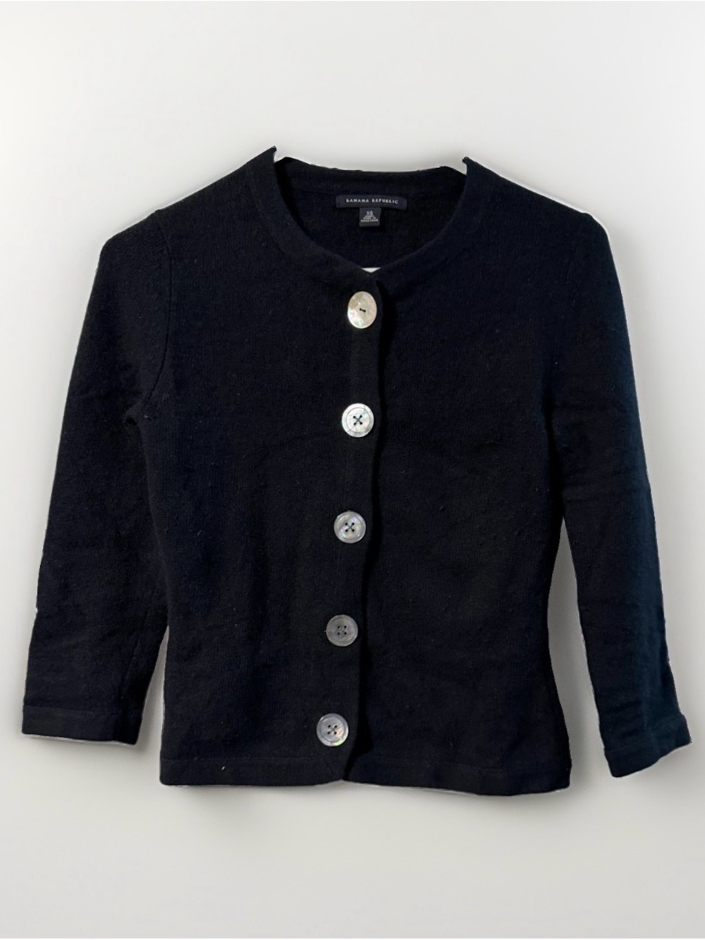 Banana Republic XS Black Wool Angora Cardigan Sweater 3/4 Sleeve Large Buttons